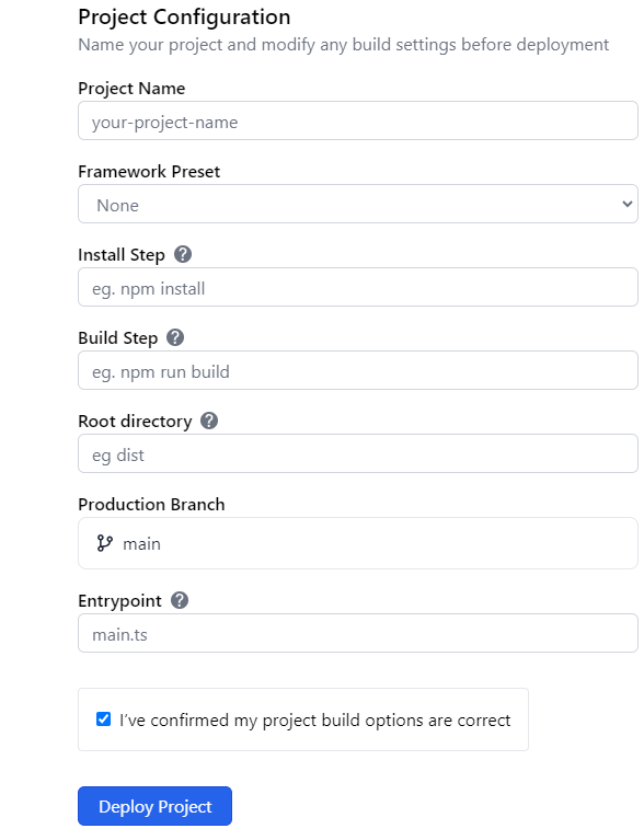 the Project Configuration form in Deno dashboard